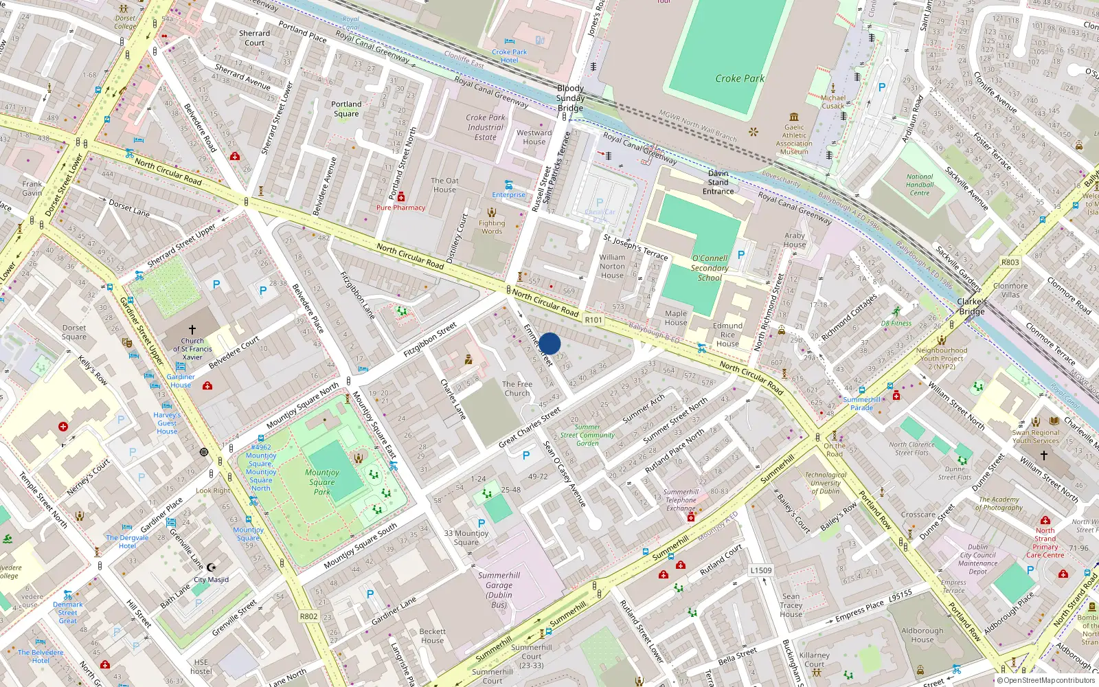 Overhead map showing the location of 14 Emmet Street, Dublin 1
