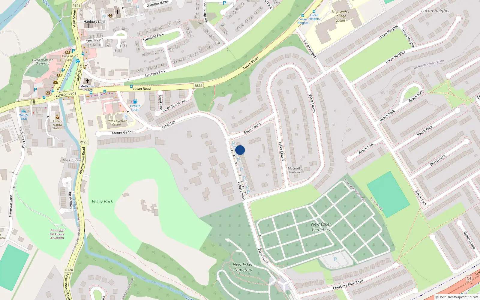 Overhead map showing the location of 14 Esker Lawns, Lucan