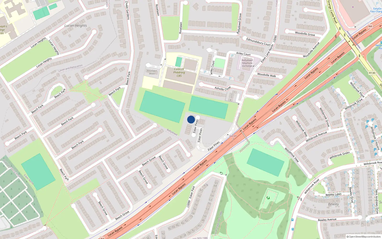 Overhead map showing the location of 14 Esker Pines, Lucan, Dublin