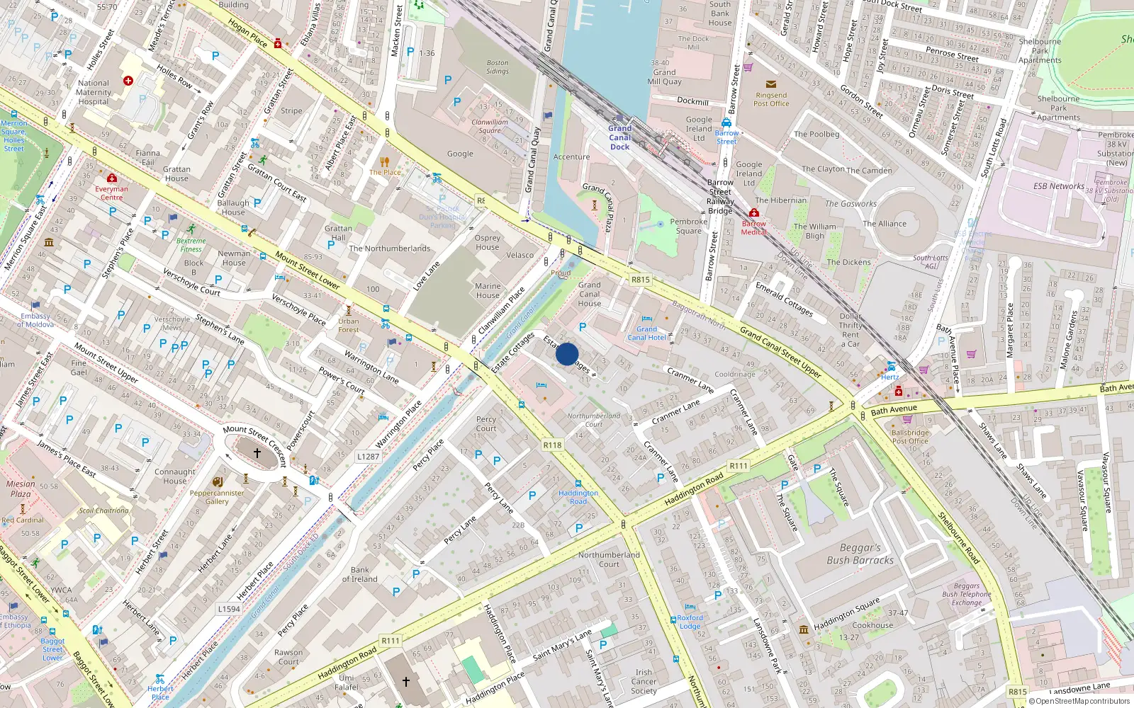 Overhead map showing the location of 14 Estate Cottages, Dublin