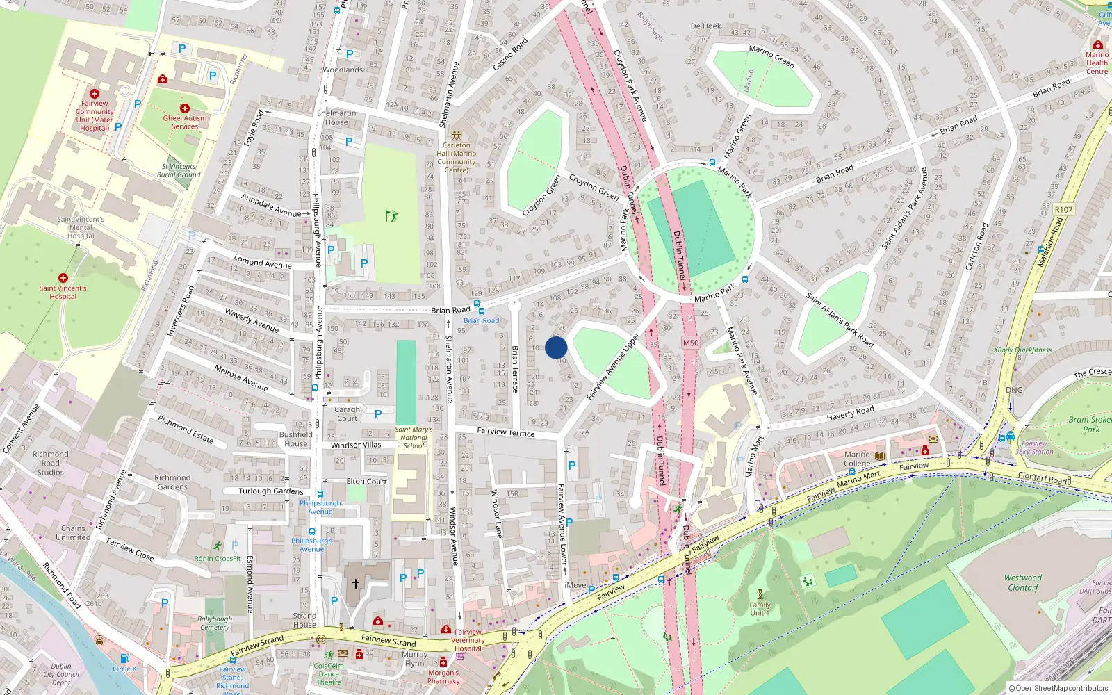 Overhead map showing the location of 14 Fairview Green, Dublin 3