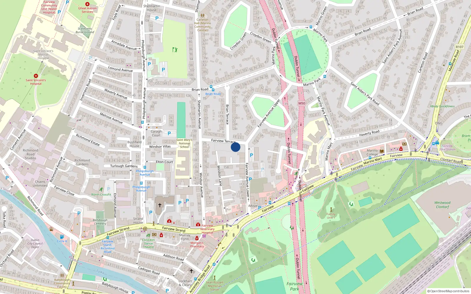 Overhead map showing the location of 14 Fairview Terrace, Dublin 3