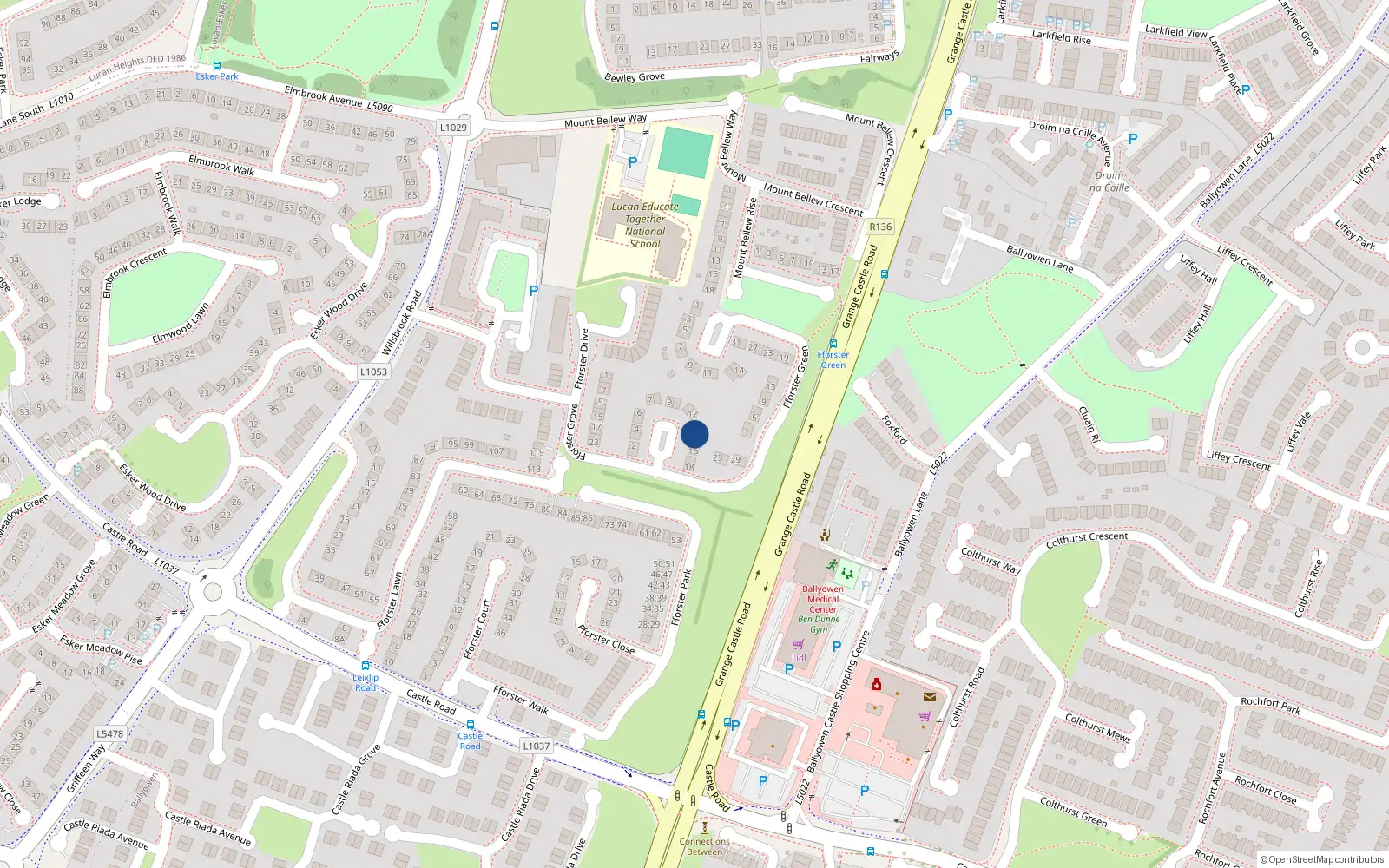 Overhead map showing the location of 14 Fforster Way, Lucan, Dublin
