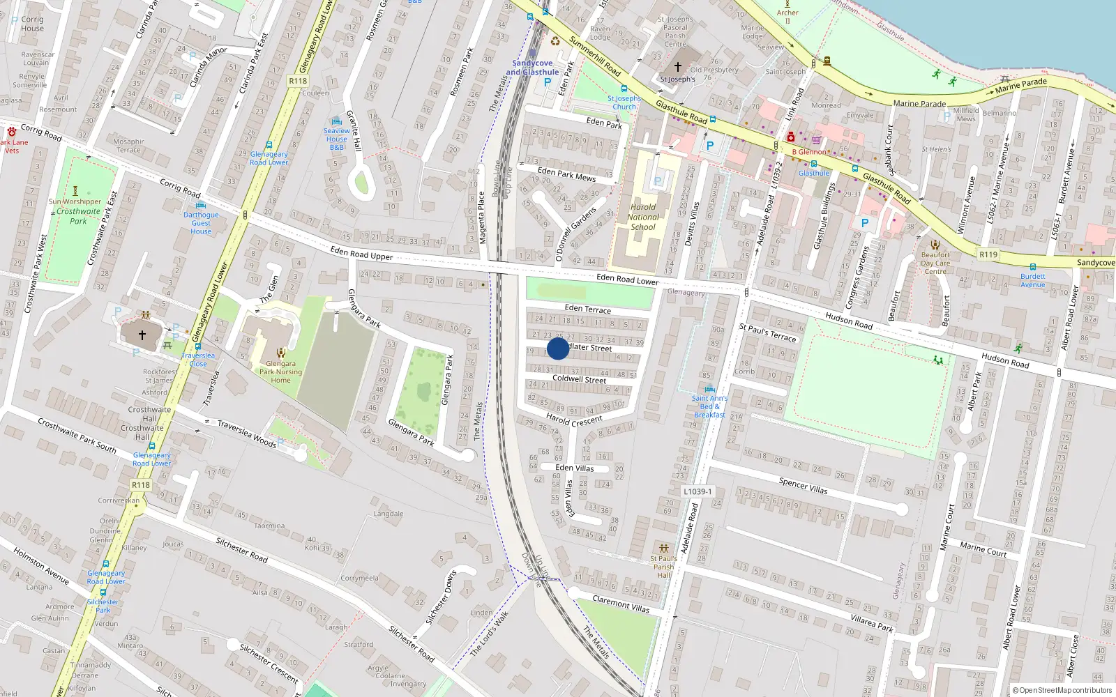 Overhead map showing the location of 14 Findlater Street, Dublin