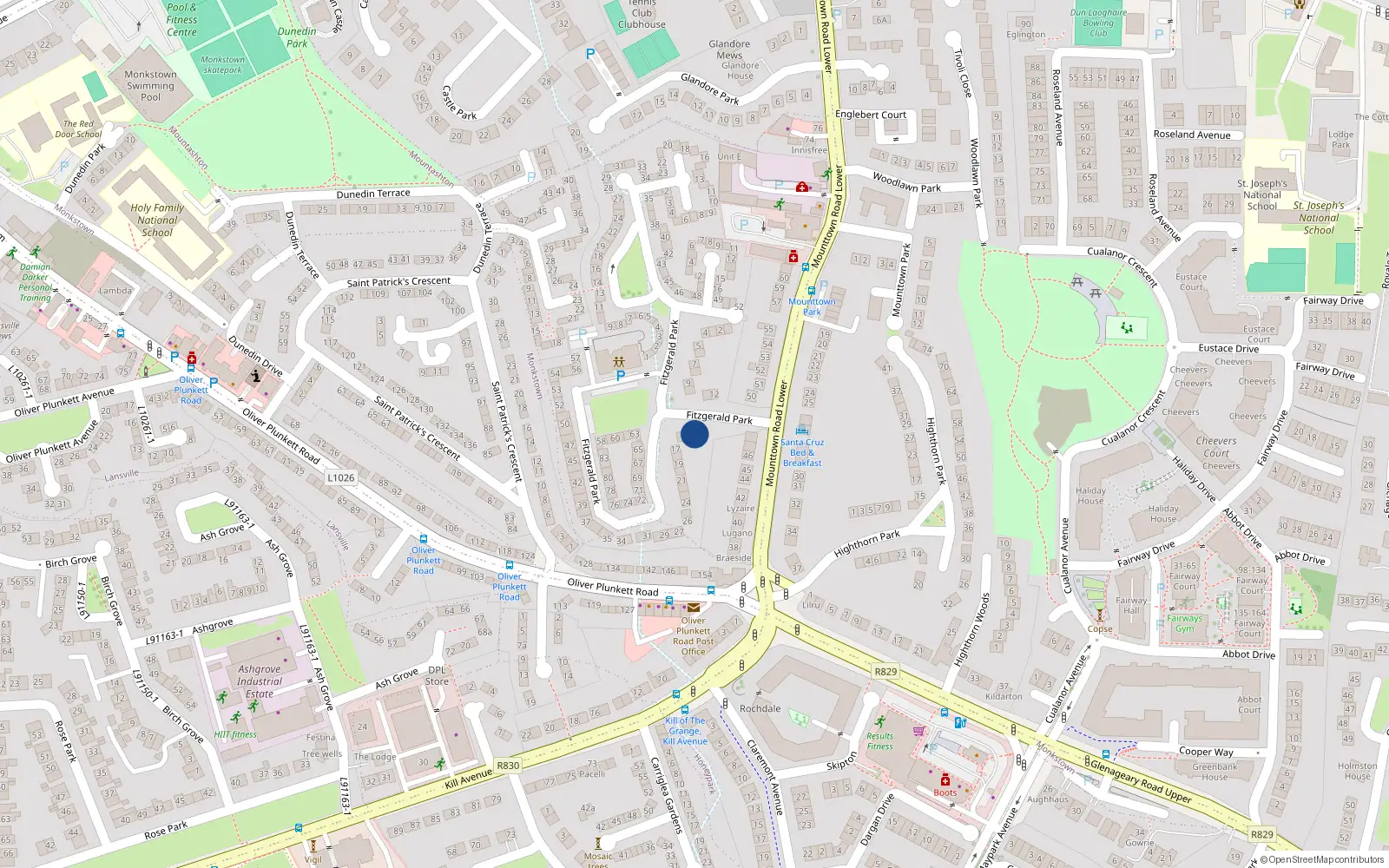 Overhead map showing the location of 14 Fitzgerald Park, Dun Laoghaire