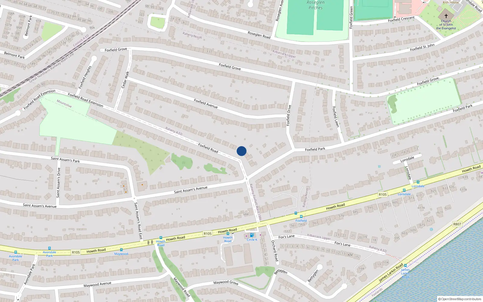 Overhead map showing the location of 14 Foxfield Road, Raheny, Dublin 5