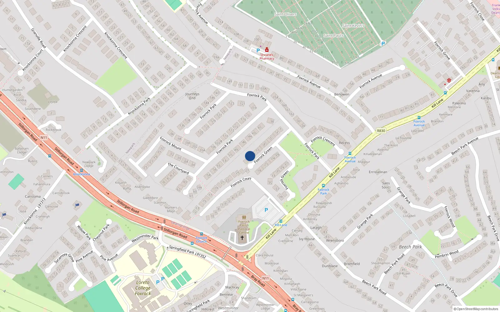 Overhead map showing the location of 14 Foxrock Green, Dublin 18