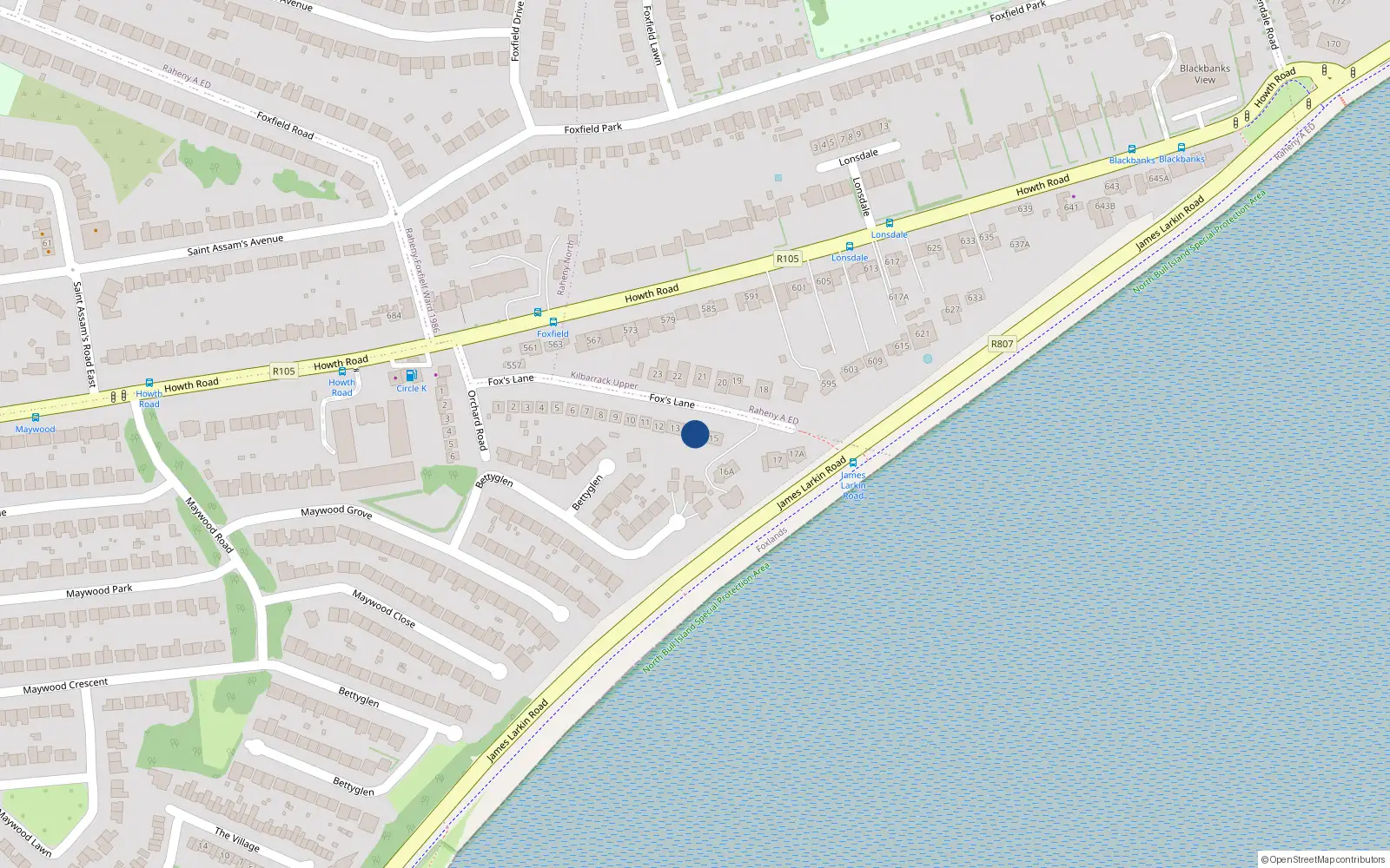 Overhead map showing the location of 14 Fox's Lane, Dublin 5