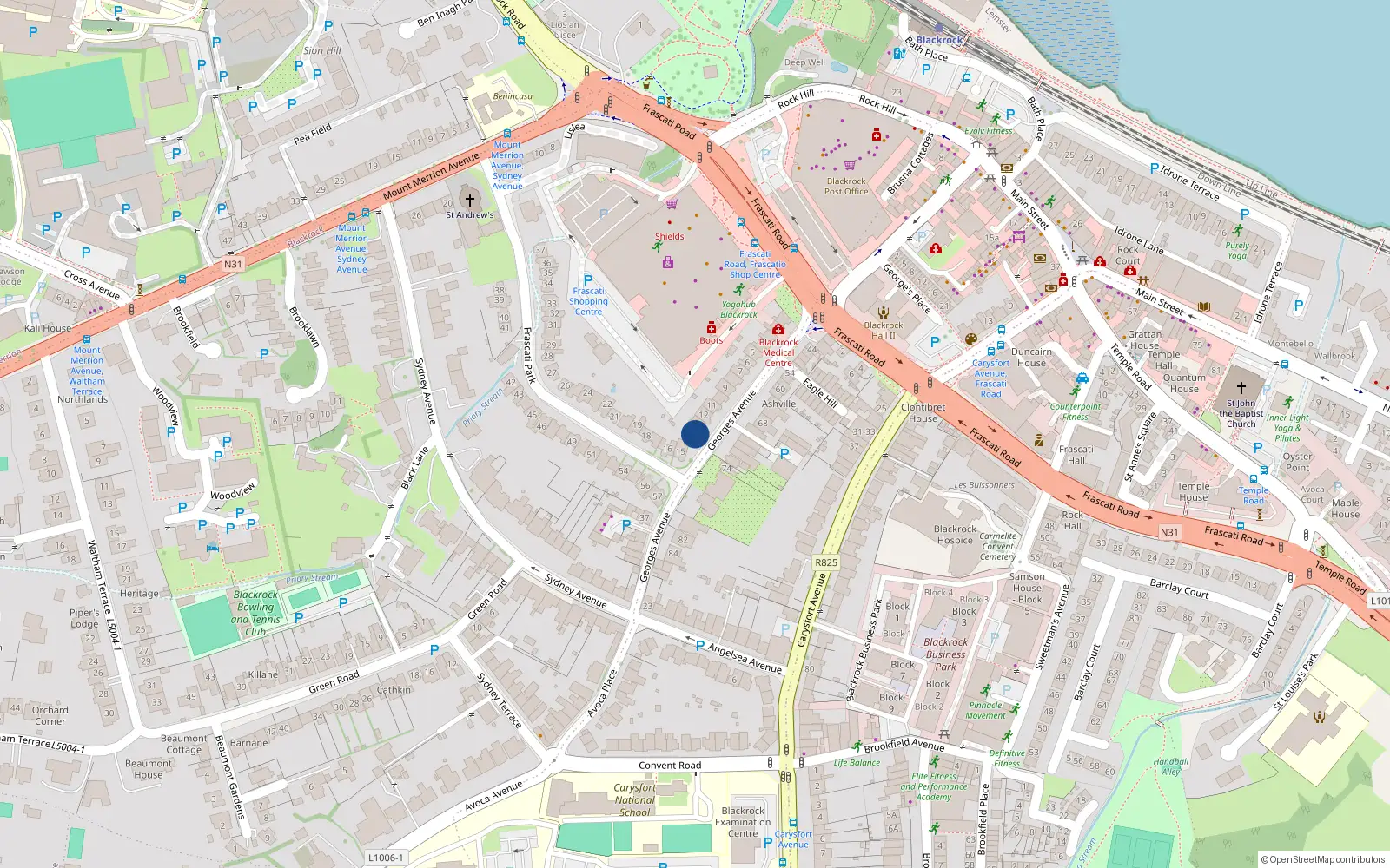 Overhead map showing the location of 14 Frascati Park, Blackrock