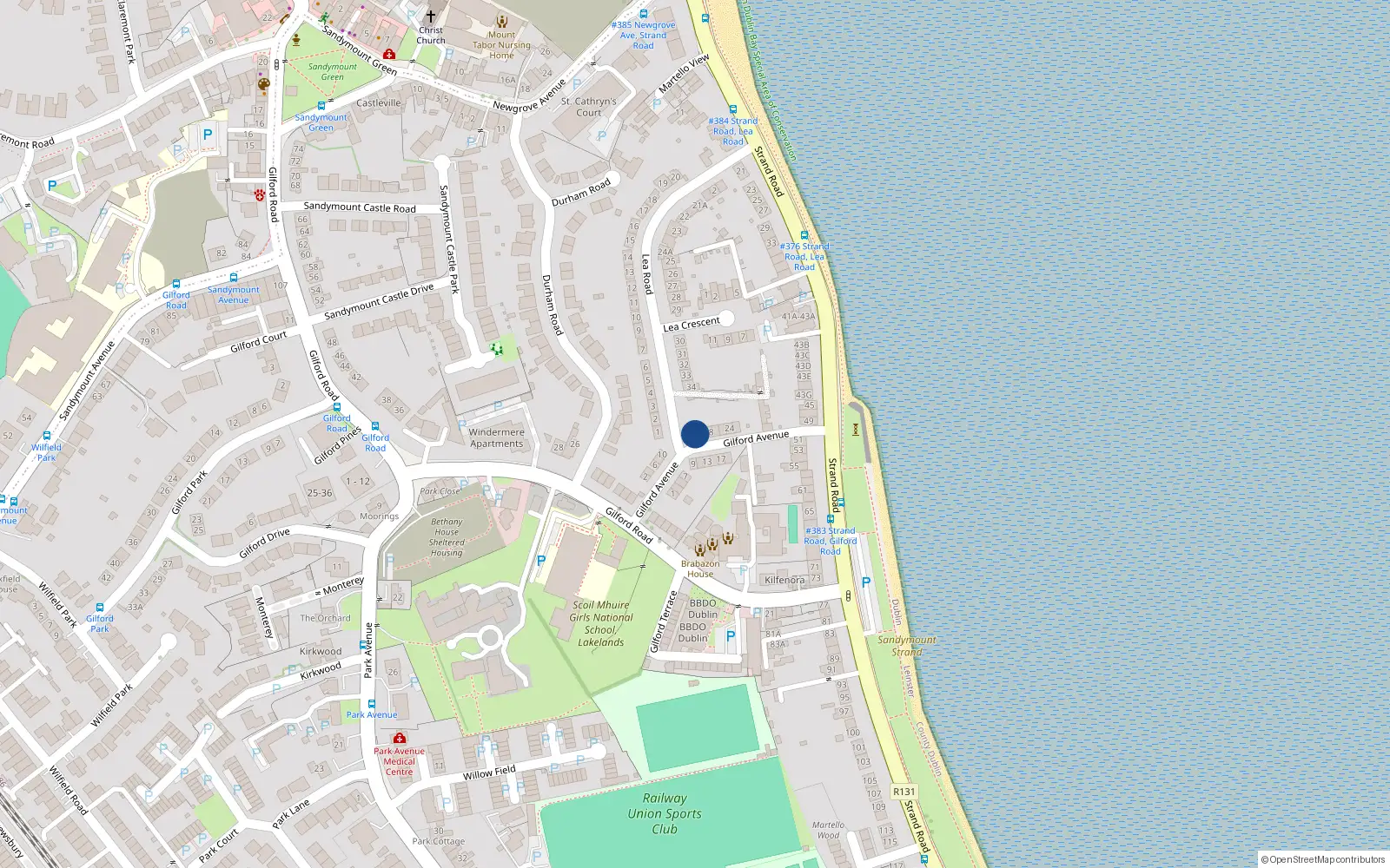 Overhead map showing the location of 14 Gilford Avenue, Sandymount