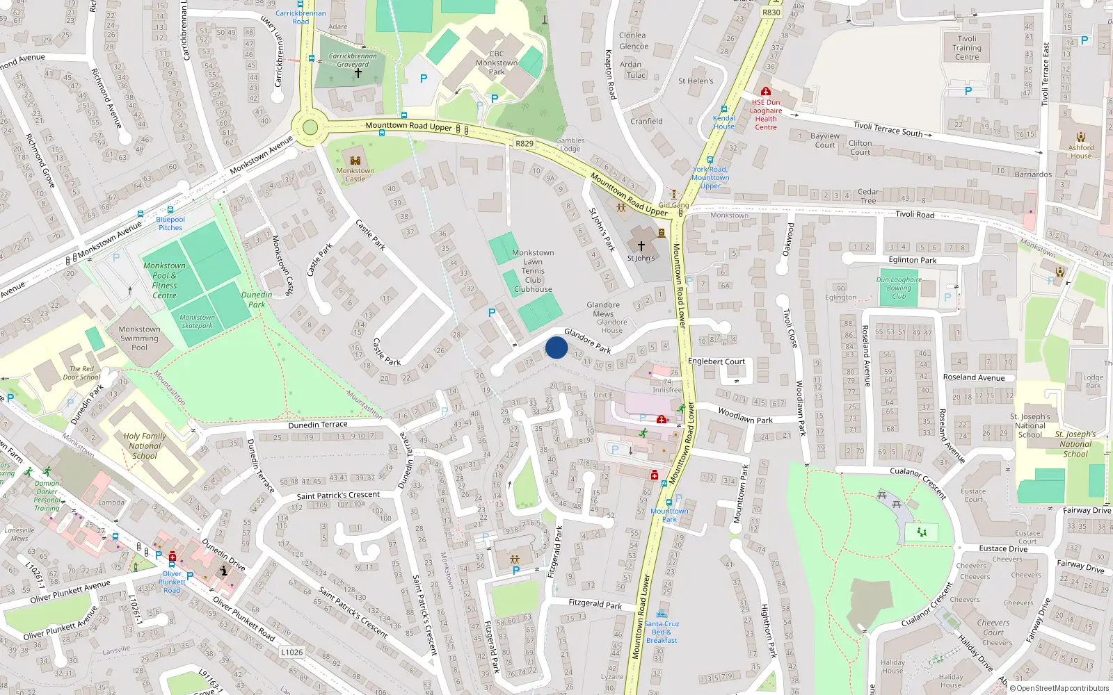 Overhead map showing the location of 14 Glandore Park, Dun Laoghaire, Co Dublin