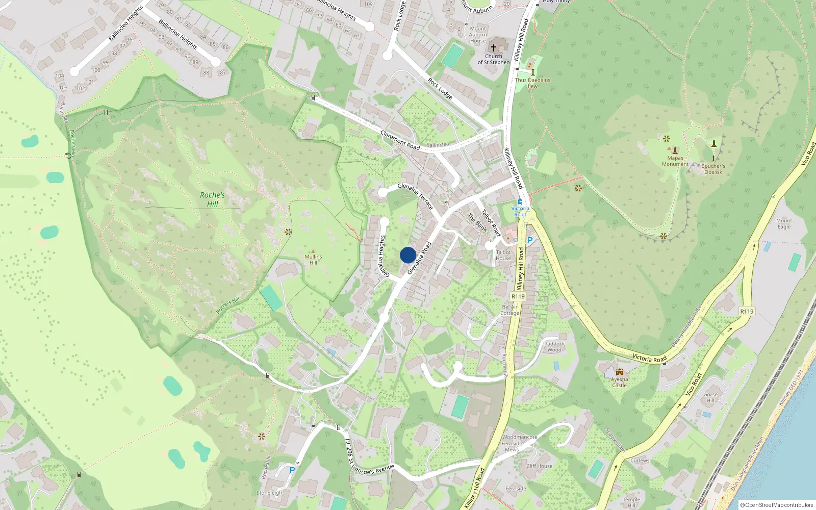 Overhead map showing the location of 14 Glenalua Road, Co Dublin