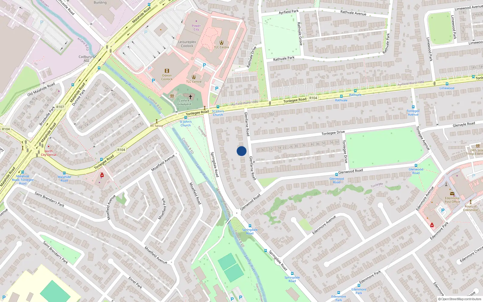 Overhead map showing the location of 14 Glenfarne Road, Dublin 5