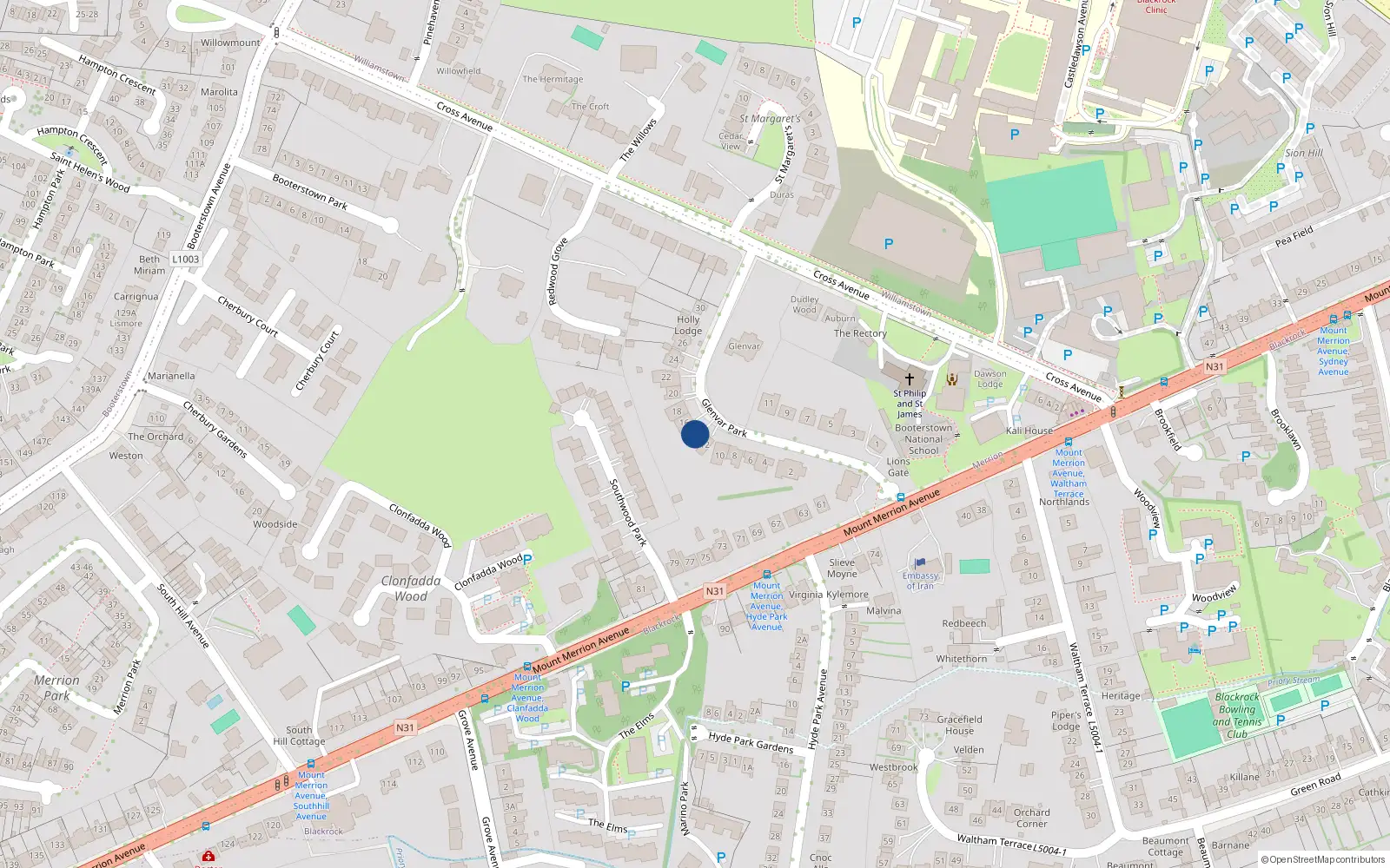 Overhead map showing the location of 14 Glenvar Park, Blackrock