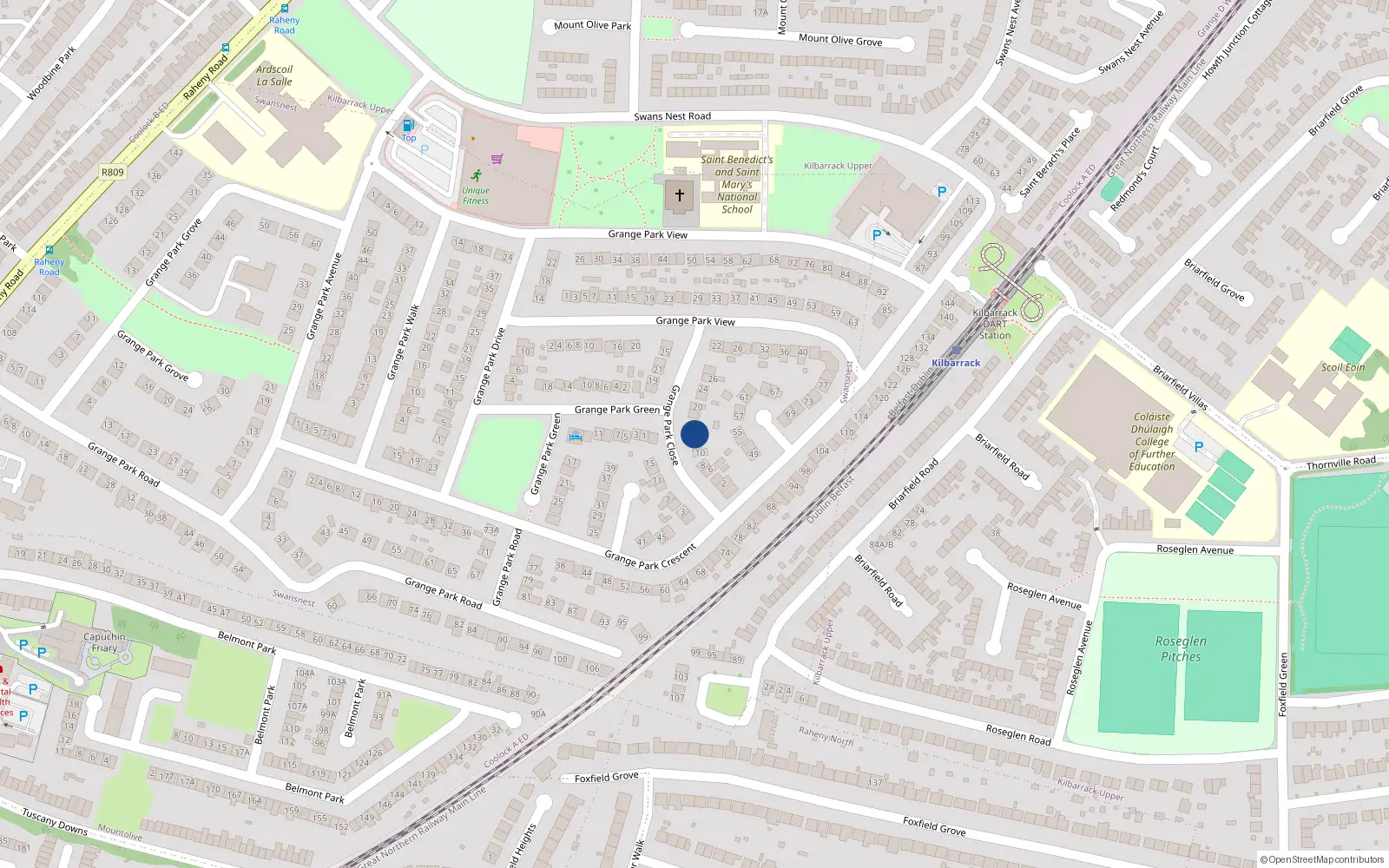 Overhead map showing the location of 14 Grange Park Close, Raheny, Dublin 5