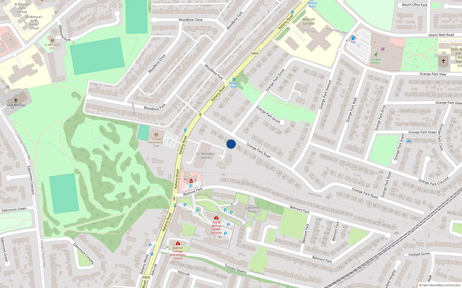 Overhead map showing the location of 14 Grange Park Road, Raheny, Dublin 5