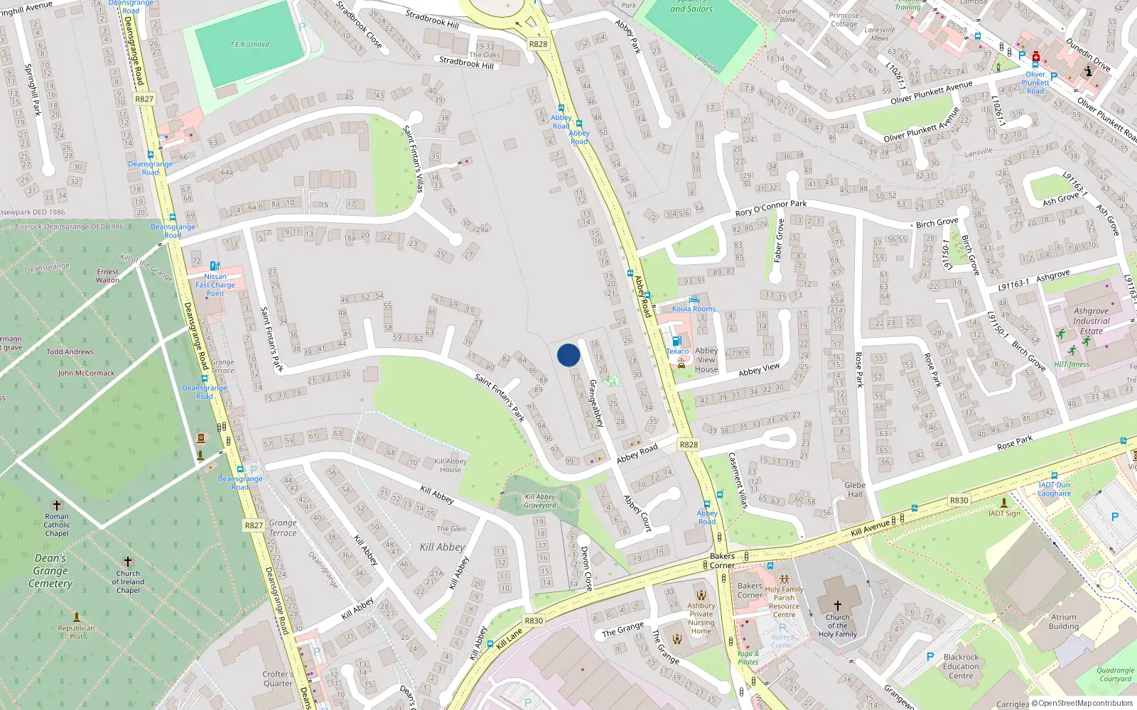 Overhead map showing the location of 14 Grangeabbey, Blackrock