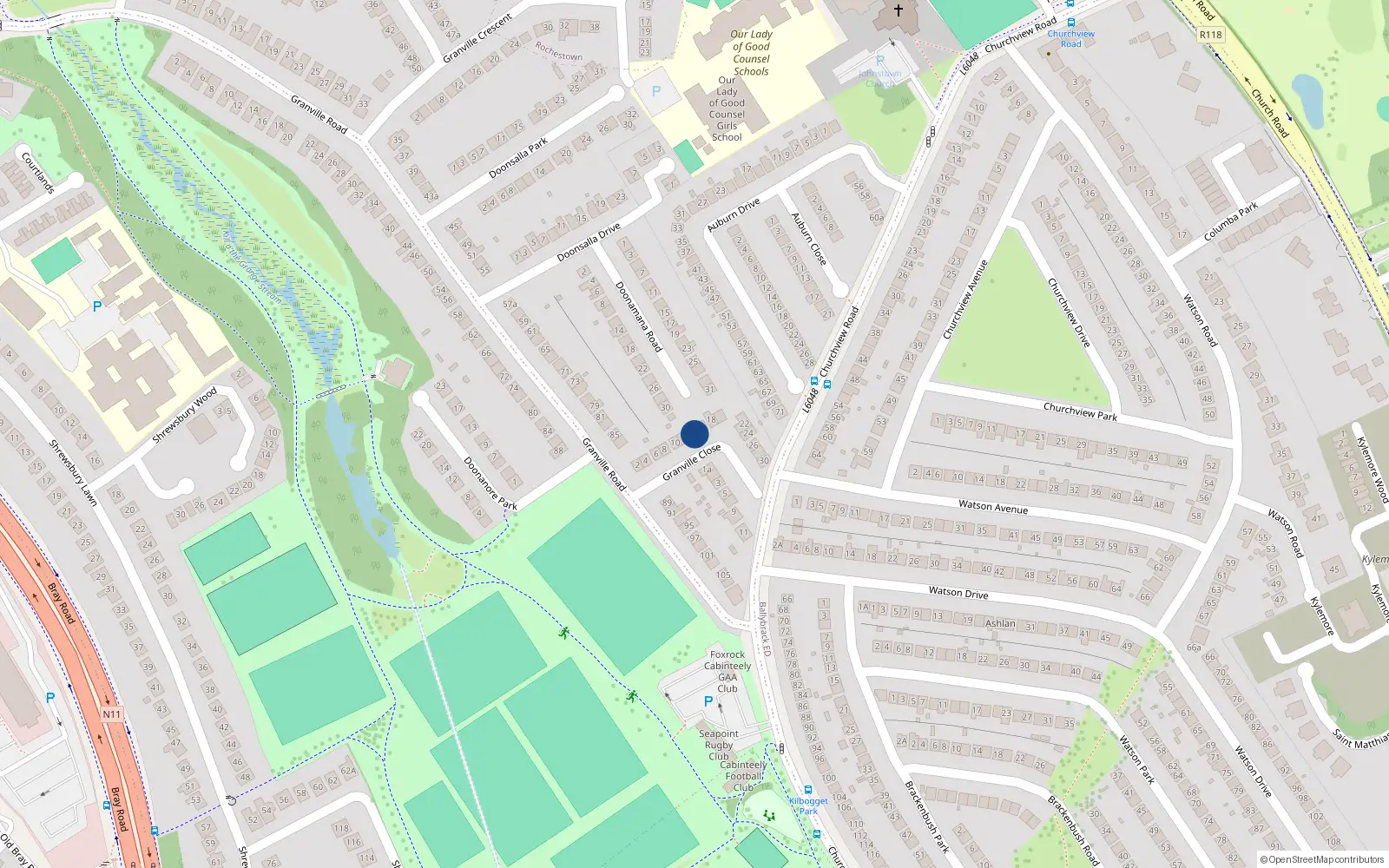 Overhead map showing the location of 14 Granville Close, Killiney
