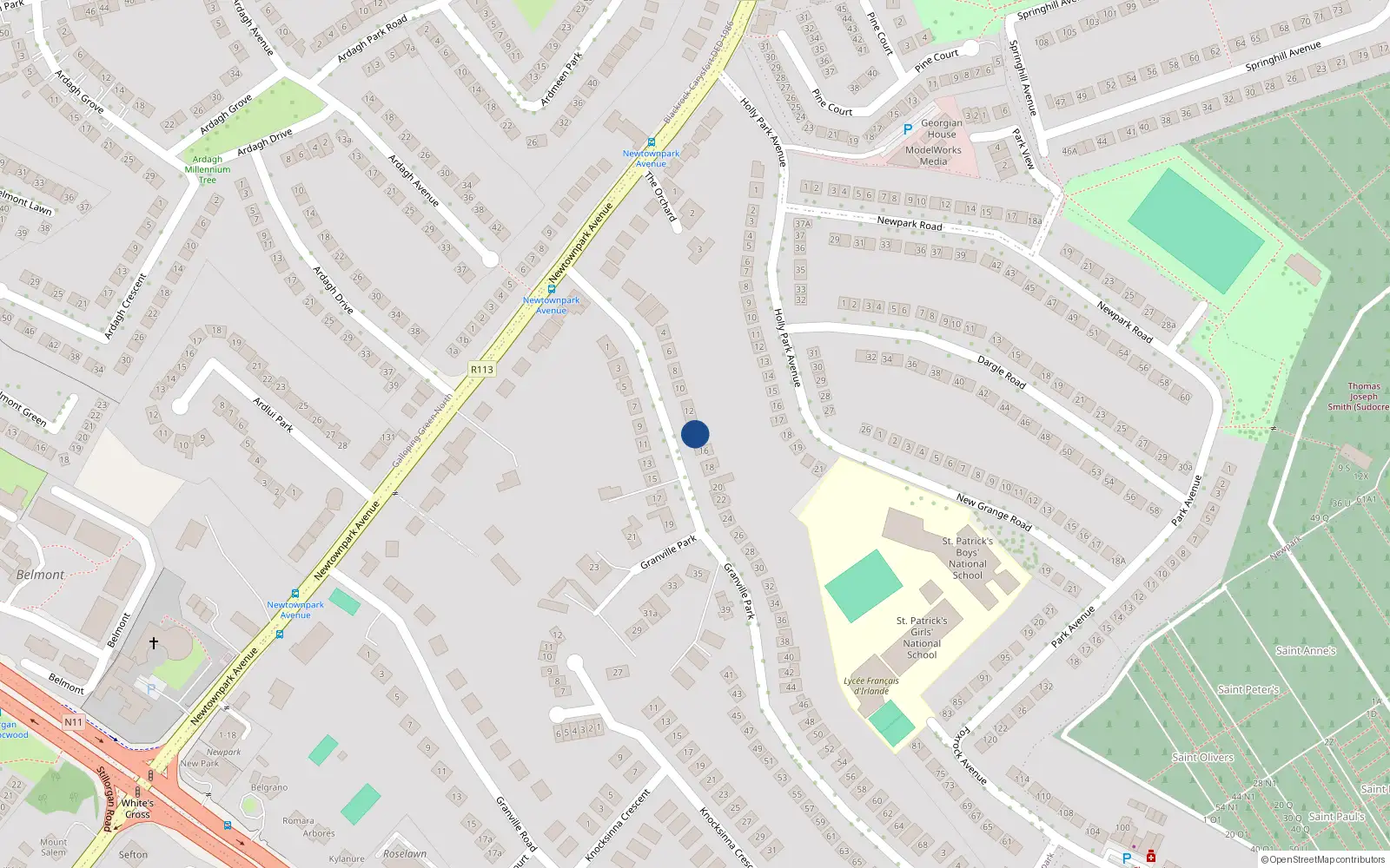 Overhead map showing the location of 14 Granville Park, Blackrock, Dublin