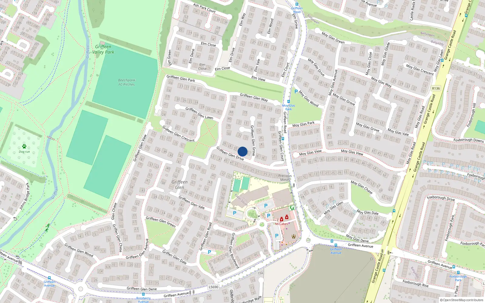 Overhead map showing the location of 14 Griffeen Glen Drive, Lucan, Dublin