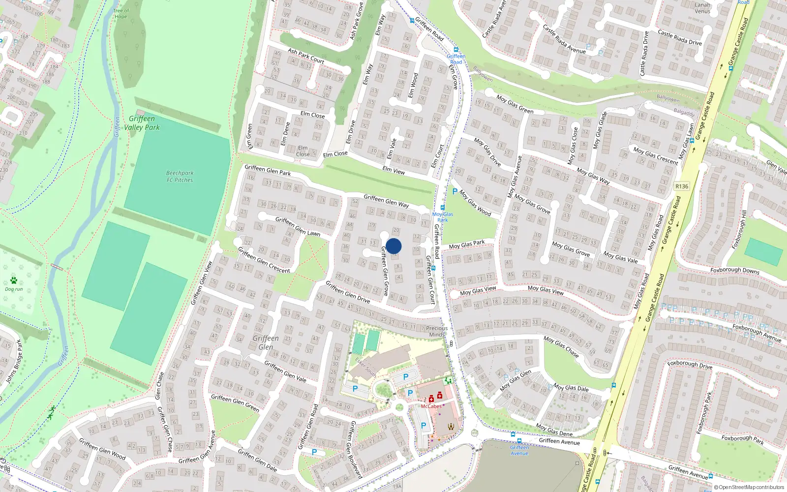 Overhead map showing the location of 14 Griffeen Glen Grove, Lucan, Dublin