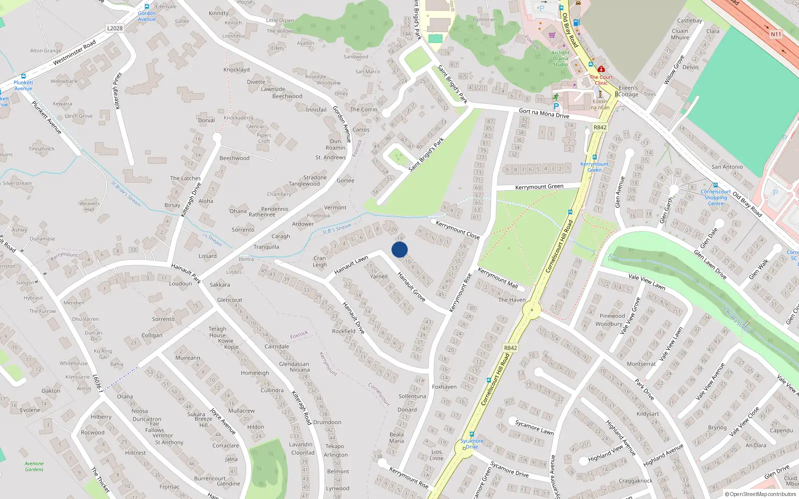 Overhead map showing the location of 14 Hainault Grove, Dublin 18