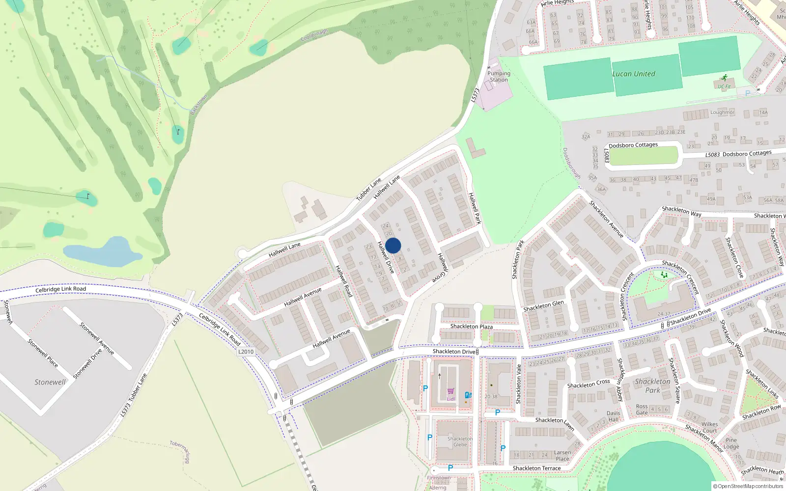 Overhead map showing the location of 14 Hallwell Drive, Lucan