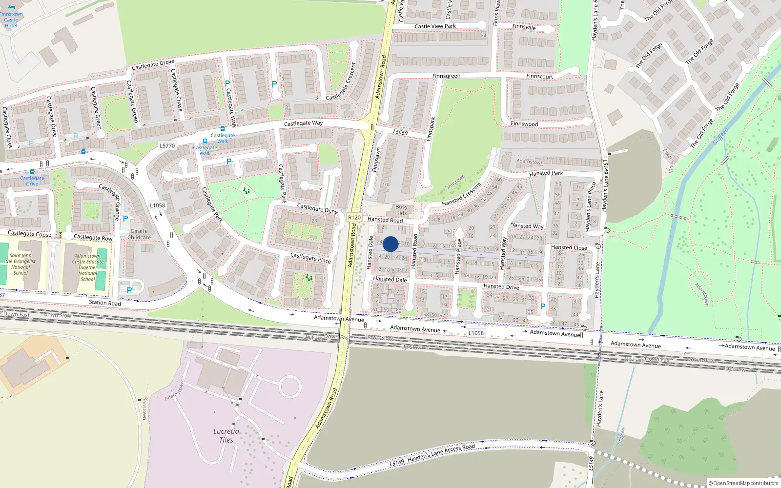 Overhead map showing the location of 14 Hansted Road, Lucan, Dublin