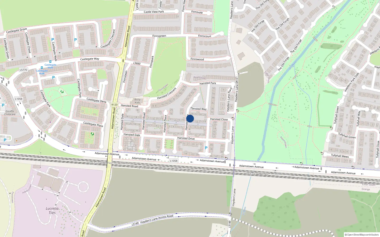 Overhead map showing the location of 14 Hansted Way, Lucan, Dublin