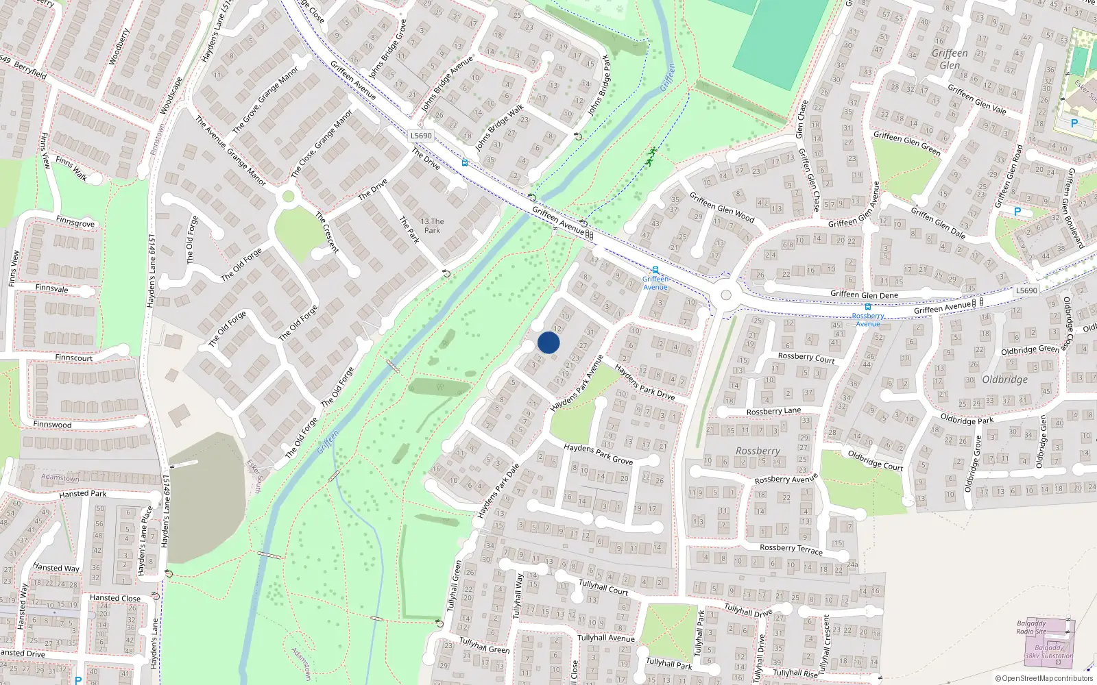 Overhead map showing the location of 14 Haydens Park Green, Lucan