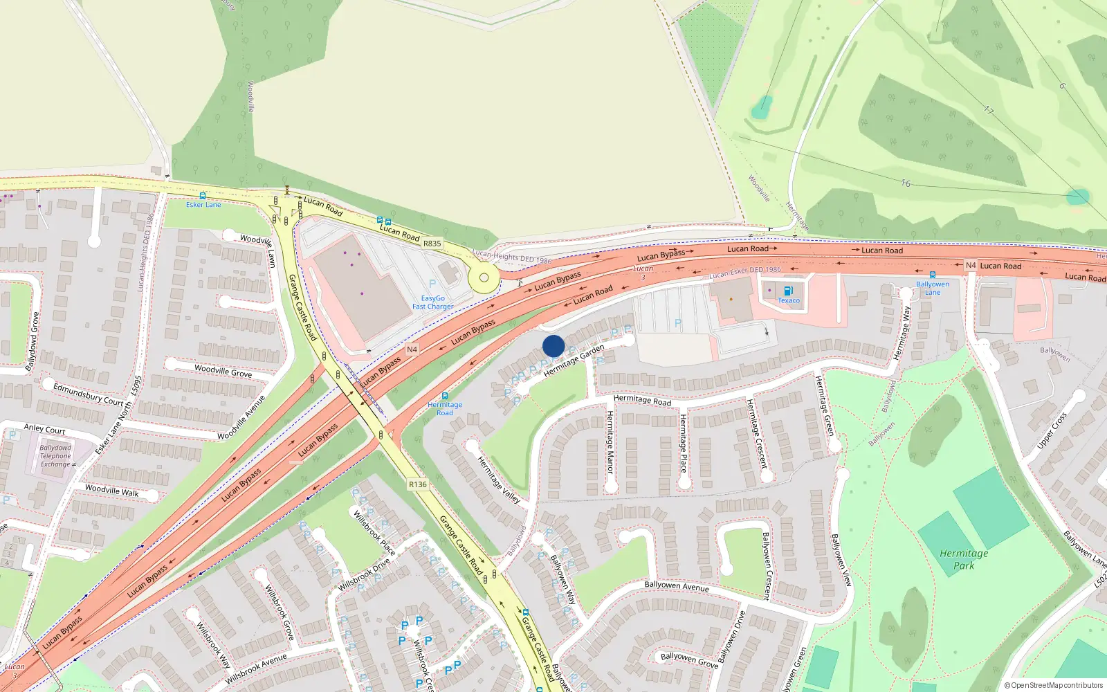 Overhead map showing the location of 14 Hermitage Gardens, Lucan