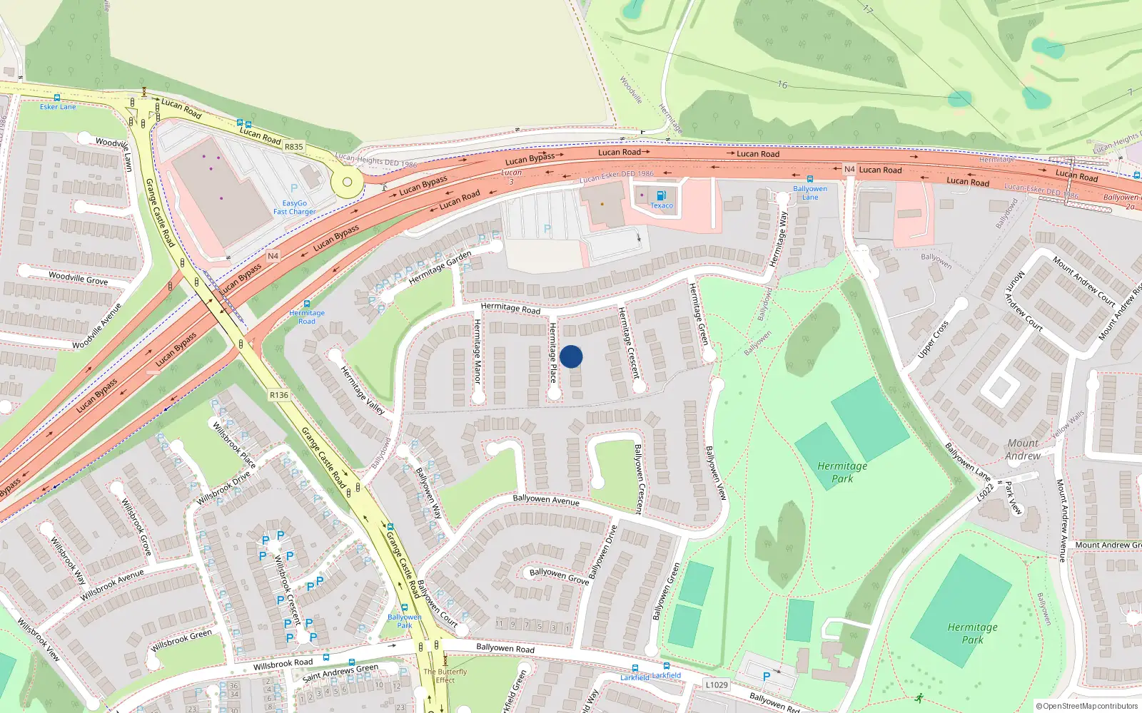 Overhead map showing the location of 14 Hermitage Place, Lucan