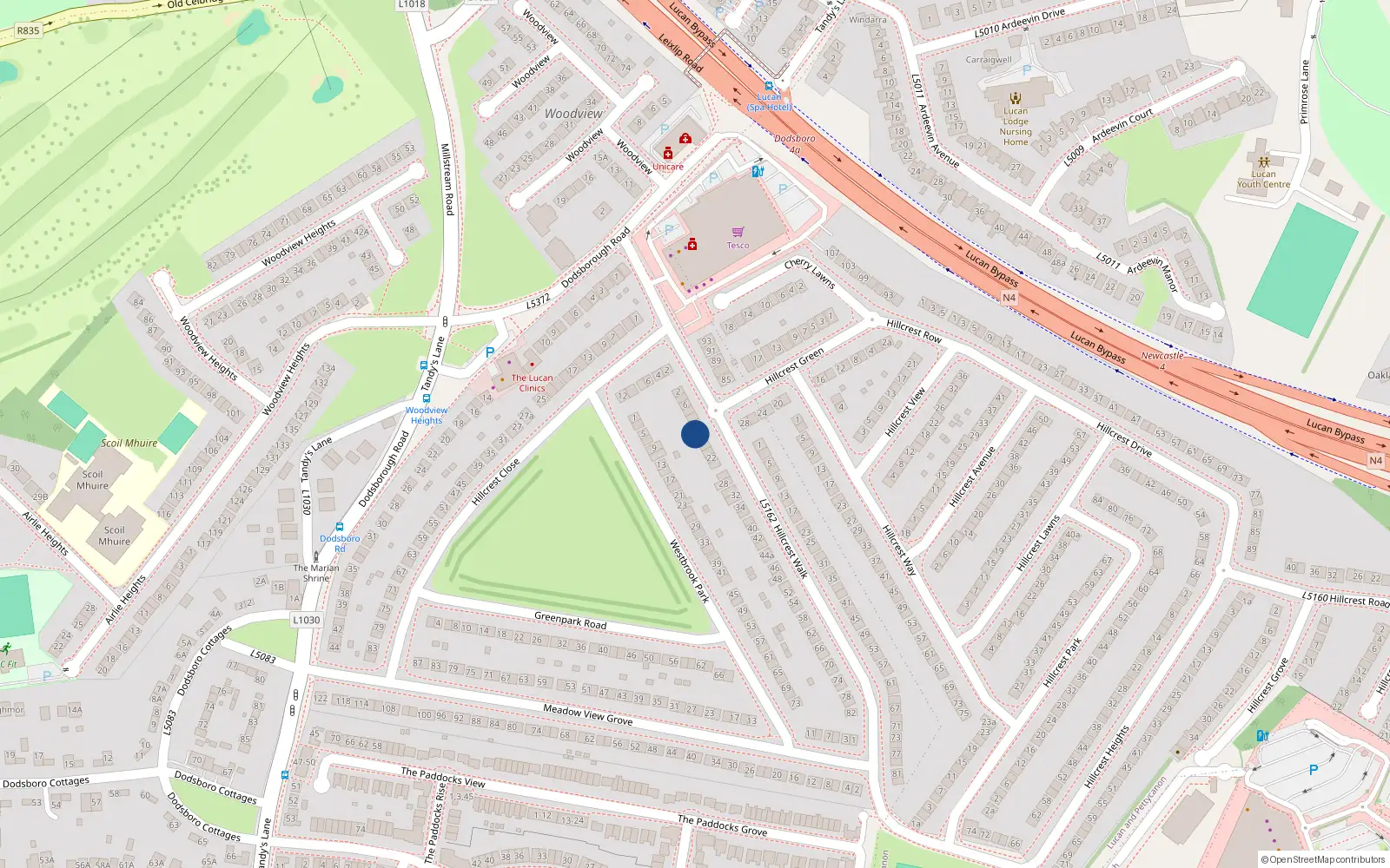 Overhead map showing the location of 14 Hillcrest Walk, Lucan