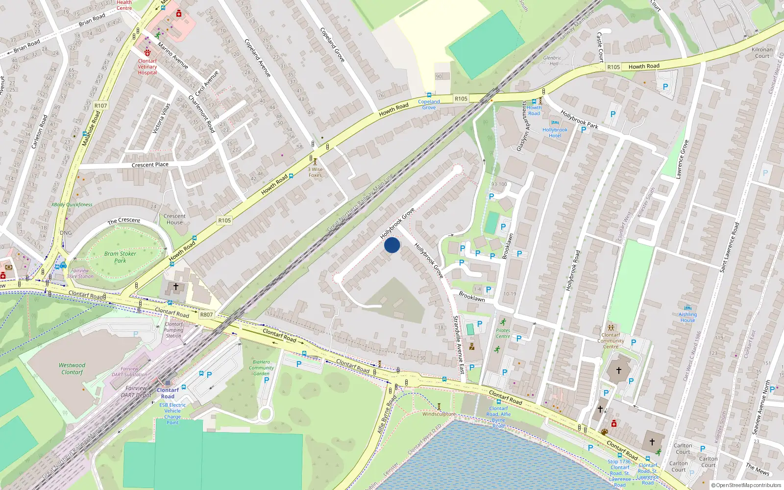Overhead map showing the location of 14 Hollybrook Grove, Dublin 3