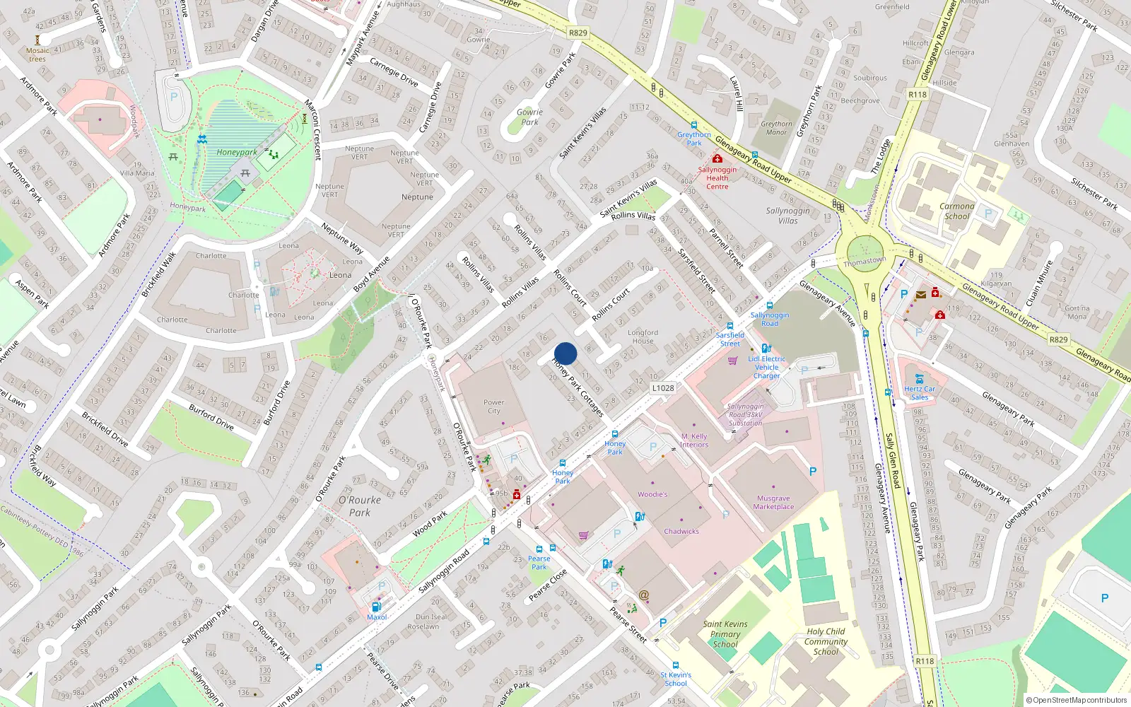 Overhead map showing the location of 14 Honey Park, Sallynoggin, Dublin