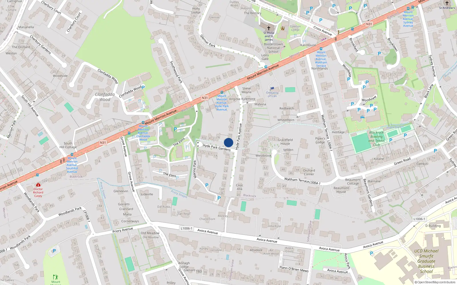 Overhead map showing the location of 14 Hyde Park Avenue, Blackrock, Co Dublin