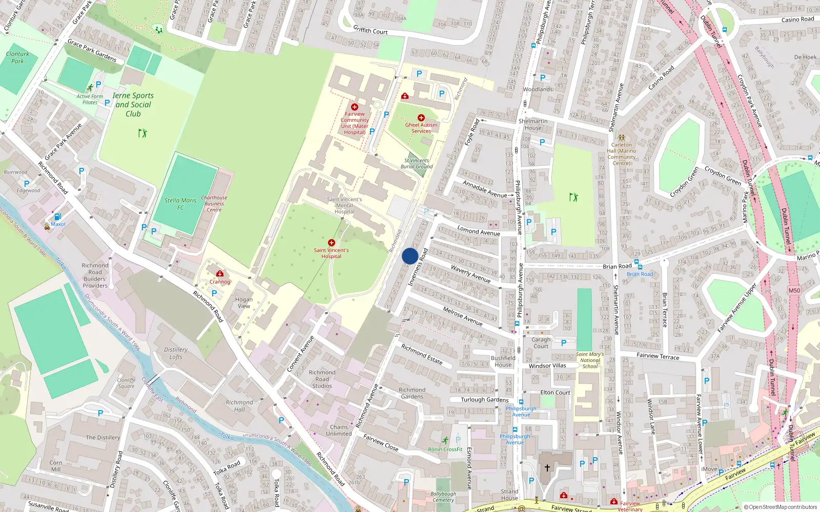 Overhead map showing the location of 14 Inverness Road, Dublin 3