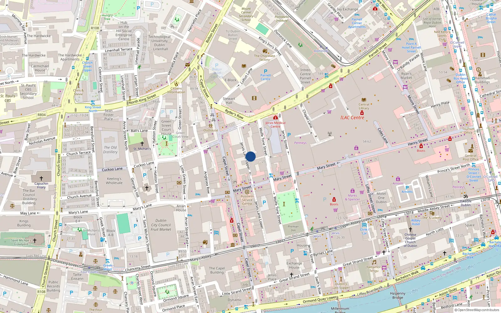 Overhead map showing the location of 14 Jervis Lane Upper, Dublin 1