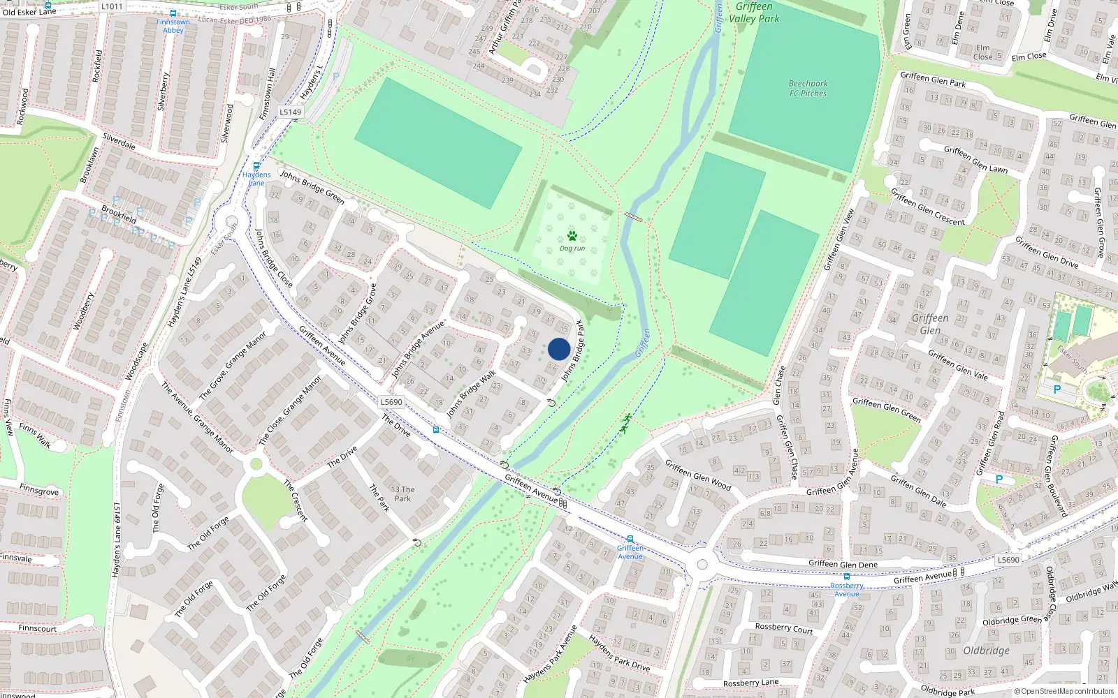Overhead map showing the location of 14 Johnsbridge Park, Lucan