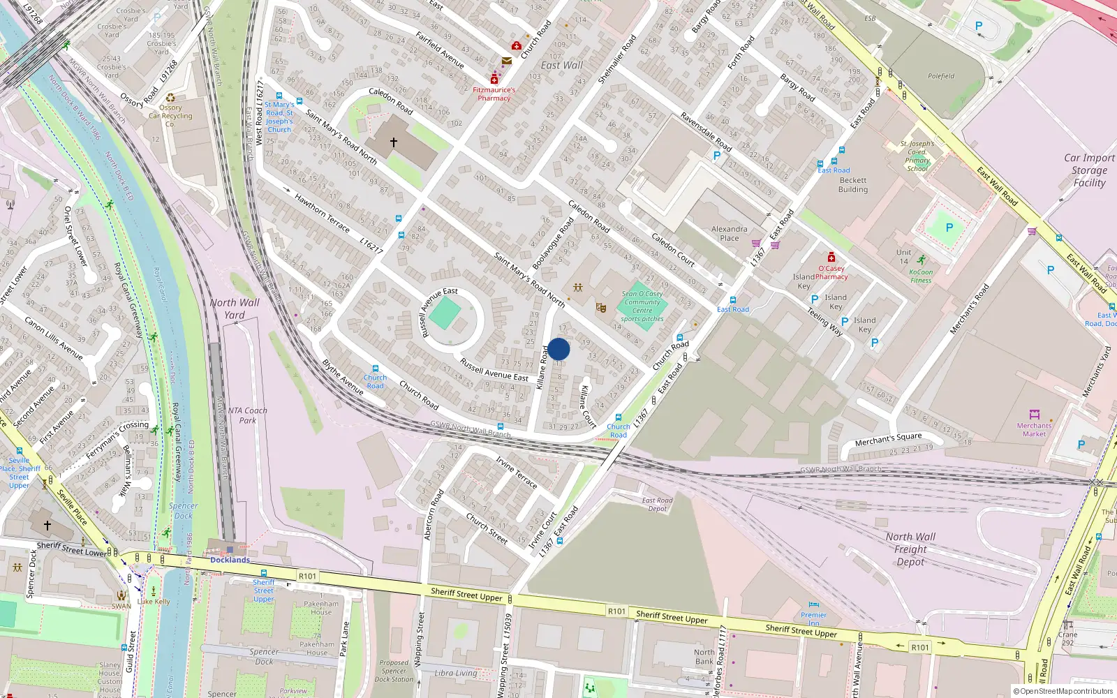 Overhead map showing the location of 14 Killane Road, East Wall, Dublin 3
