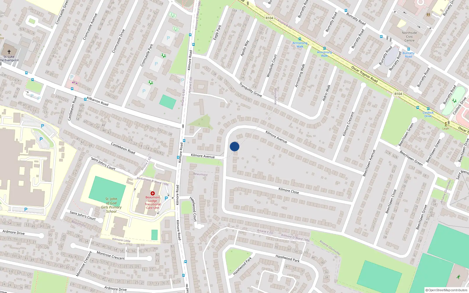 Overhead map showing the location of 14 Kilmore Avenue, Artane, Dublin 5