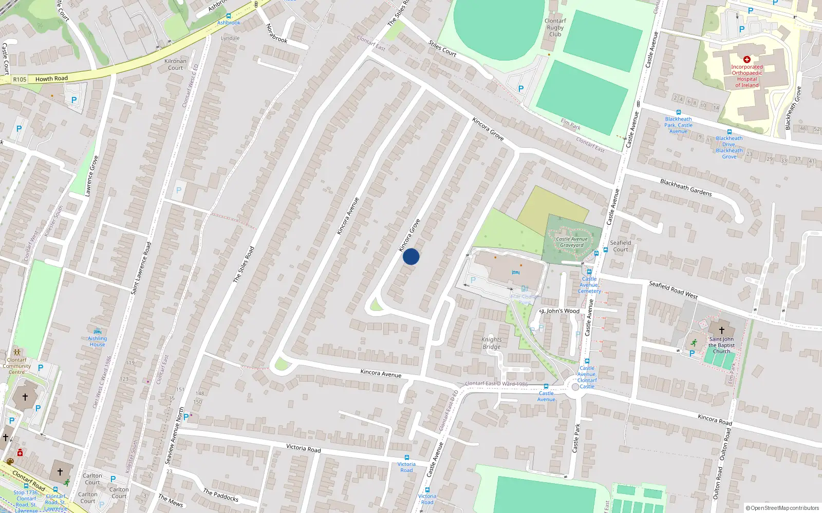 Overhead map showing the location of 14 Kincora Drive, Dublin 3