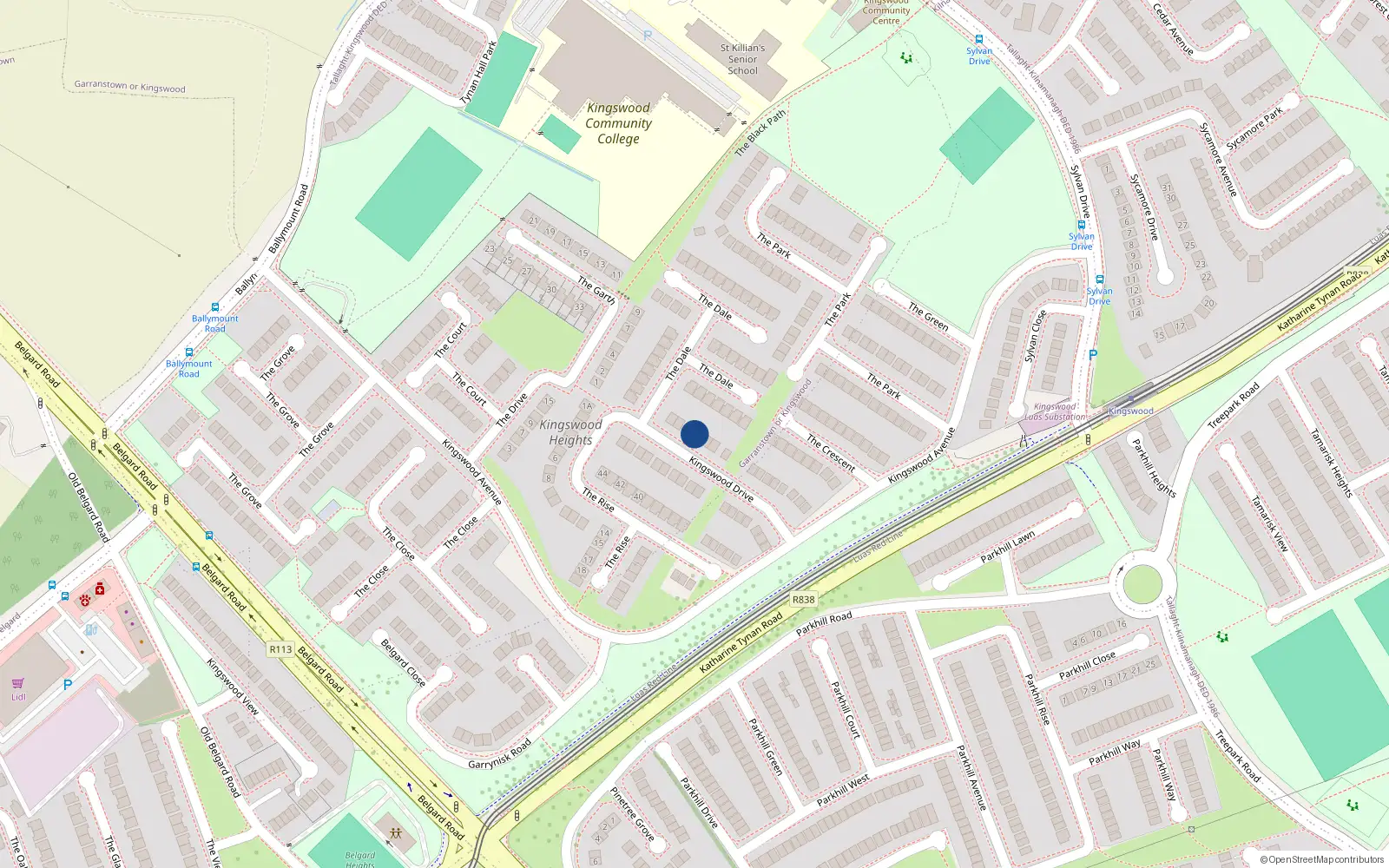 Overhead map showing the location of 14 Kingswood Drive, Tallaght