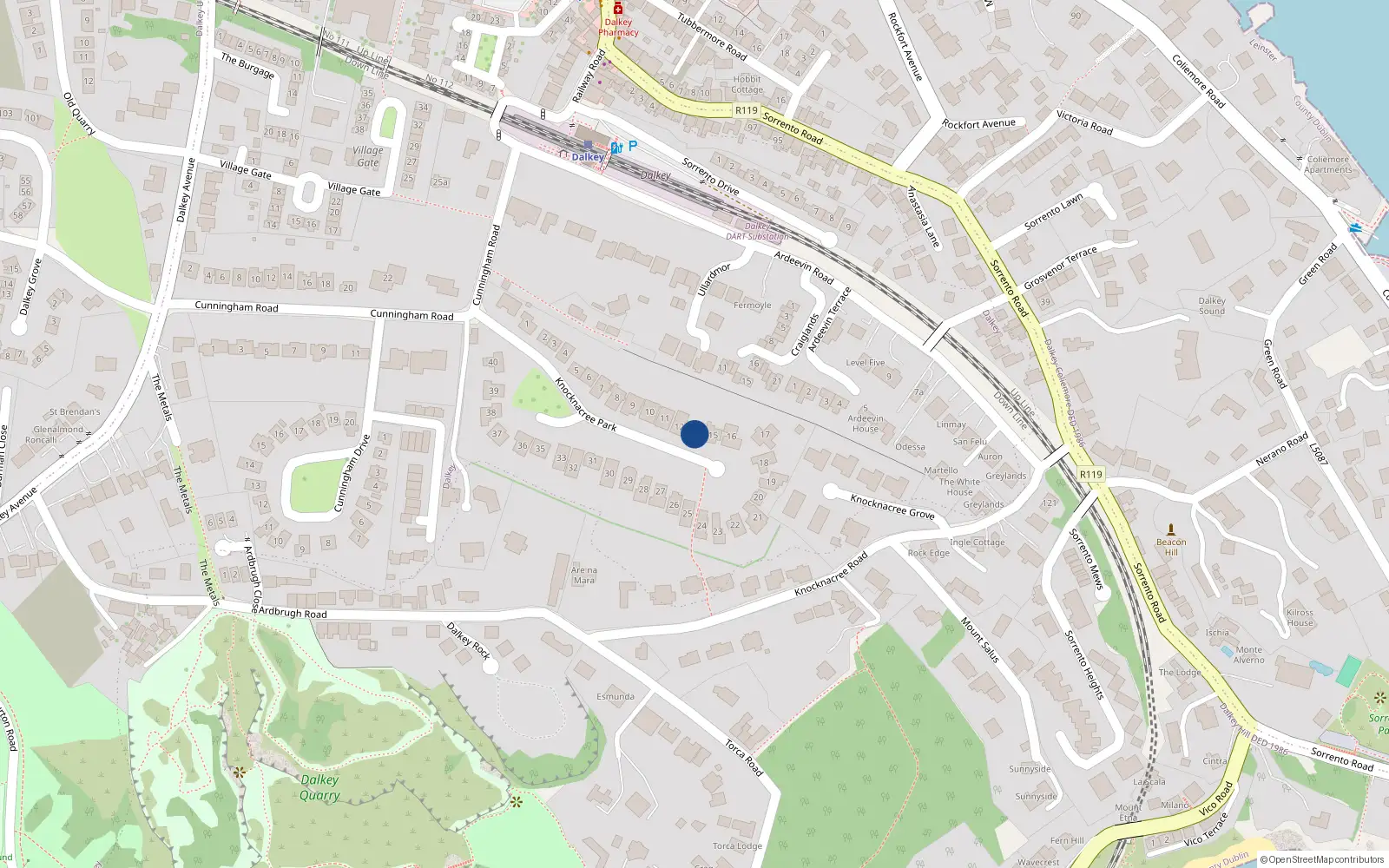 Overhead map showing the location of 14 Knock na Cree Park, Dalkey, Dublin