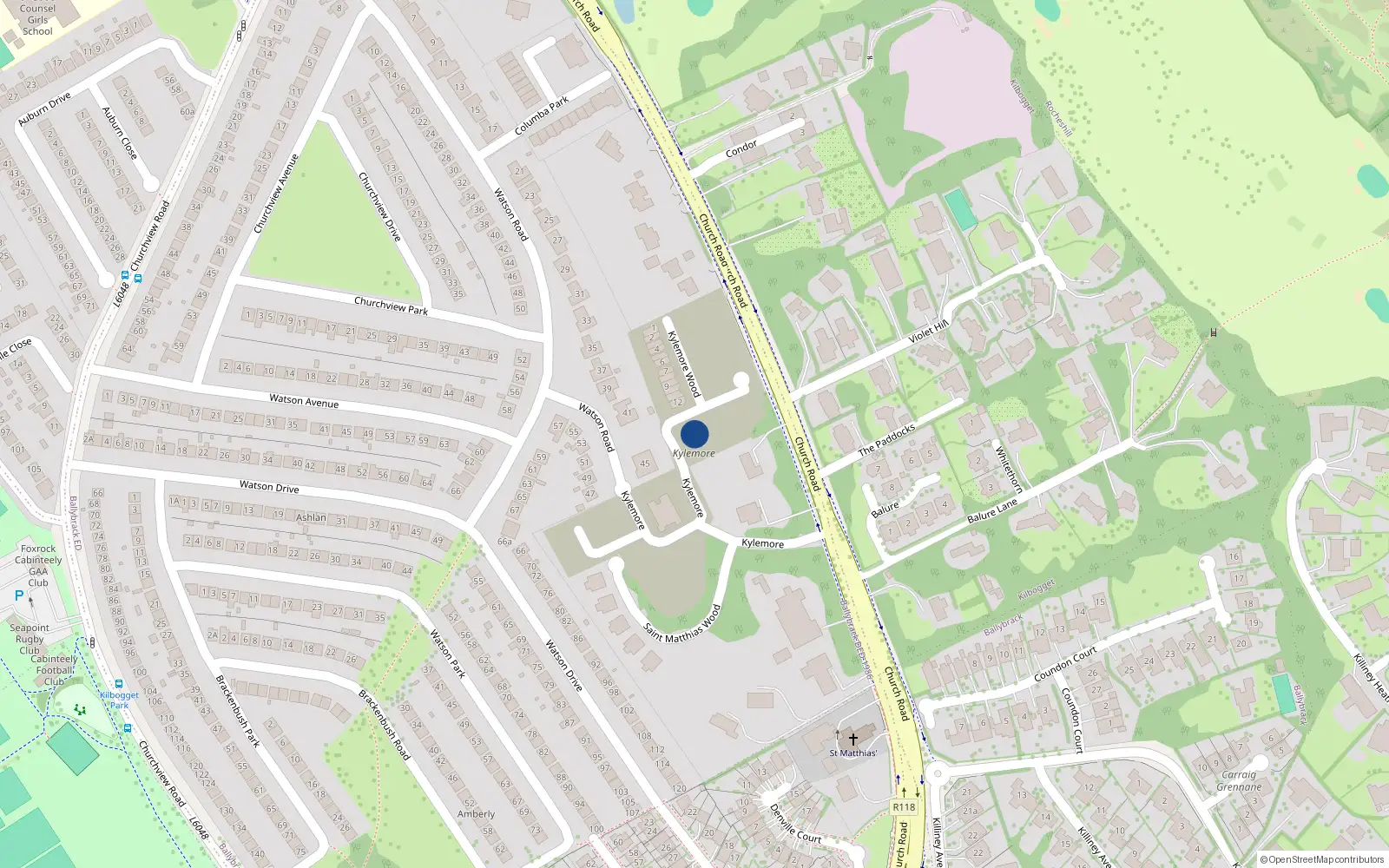 Overhead map showing the location of 14 Kylemore Wood, Killiney