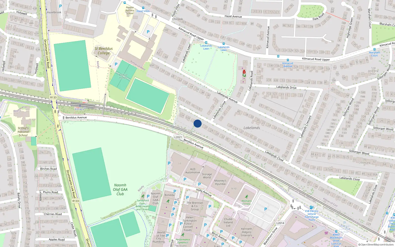 Overhead map showing the location of 14 Lakelands Close, Stillorgan, Dublin
