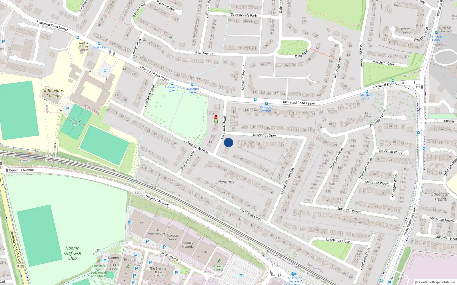 Overhead map showing the location of 14 Lakelands Road, Stillorgan, Co Dublin