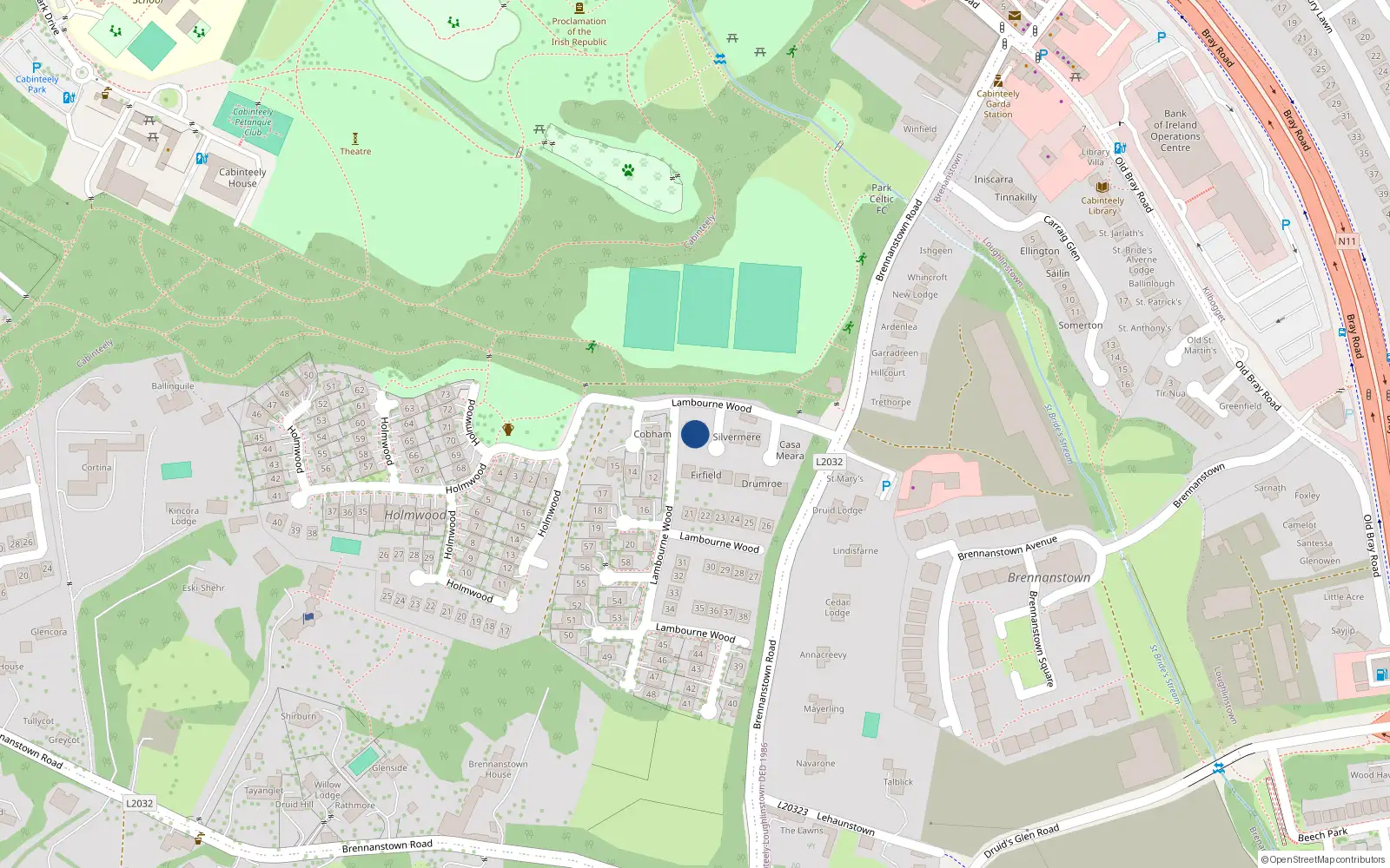 Overhead map showing the location of 14 Lambourne Wood, Cabinteely