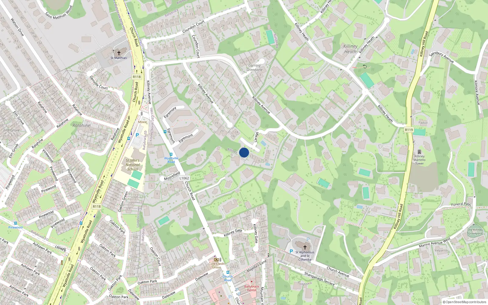 Overhead map showing the location of 14 Laragh, Killiney