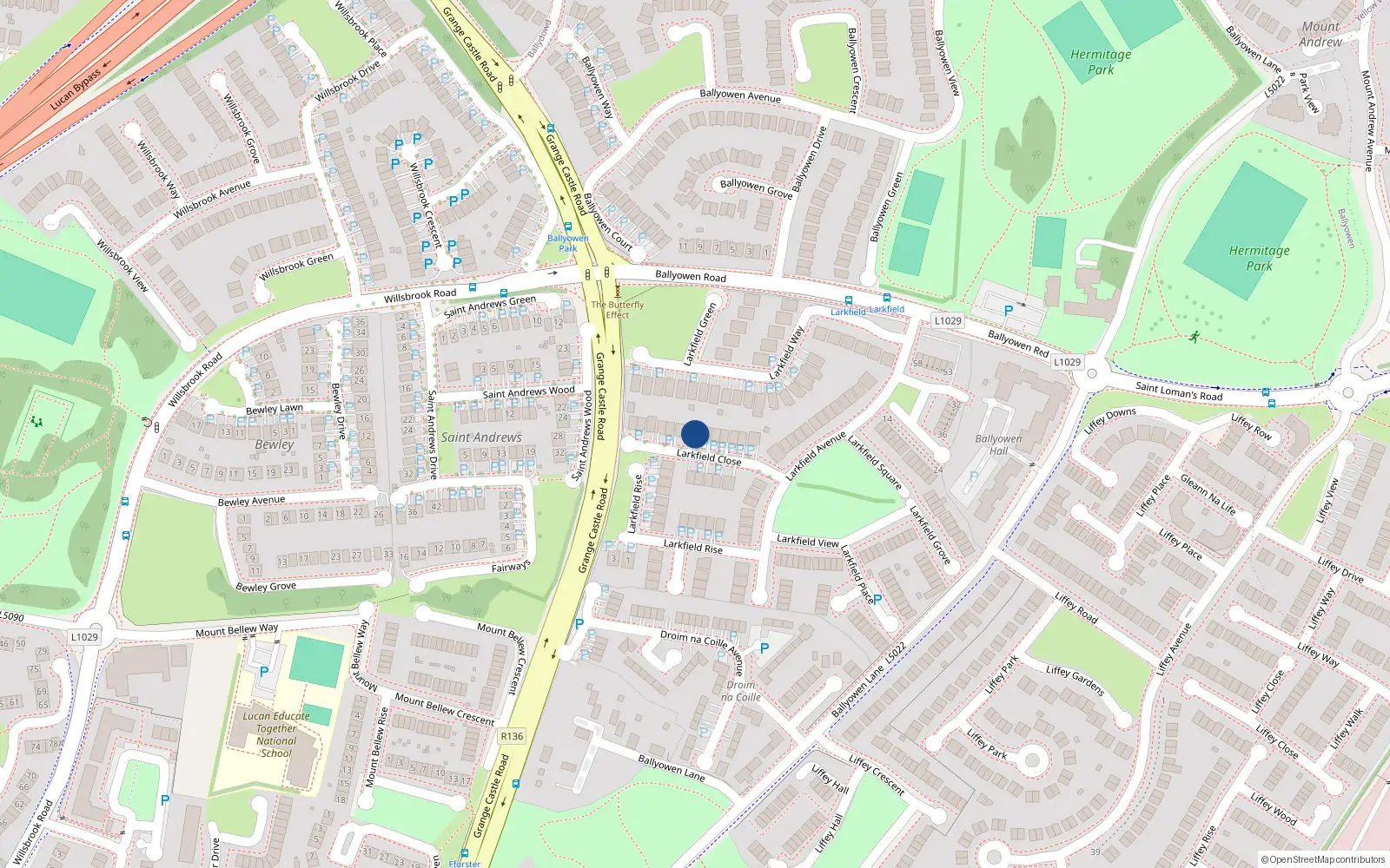 Overhead map showing the location of 14 Larkfield Close, Lucan, Dublin